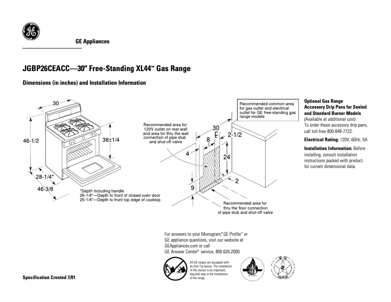 Page 1 de la notice Fiche technique GE JGBP26CEACC