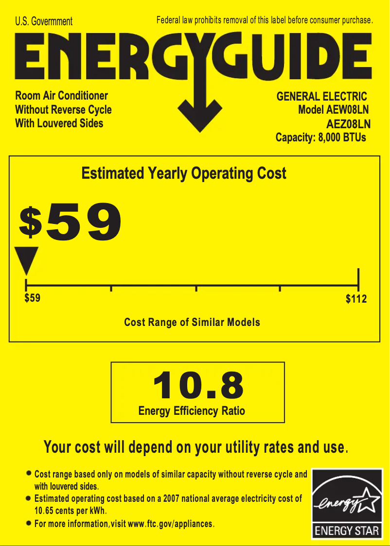 Page 1 de la notice Label énergétique GE AEW08LN