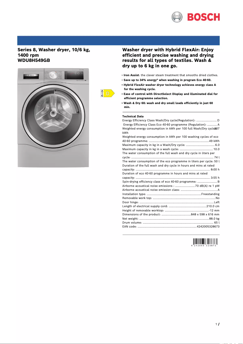 Page 1 de la notice Fiche technique Bosch WDU8H549GB