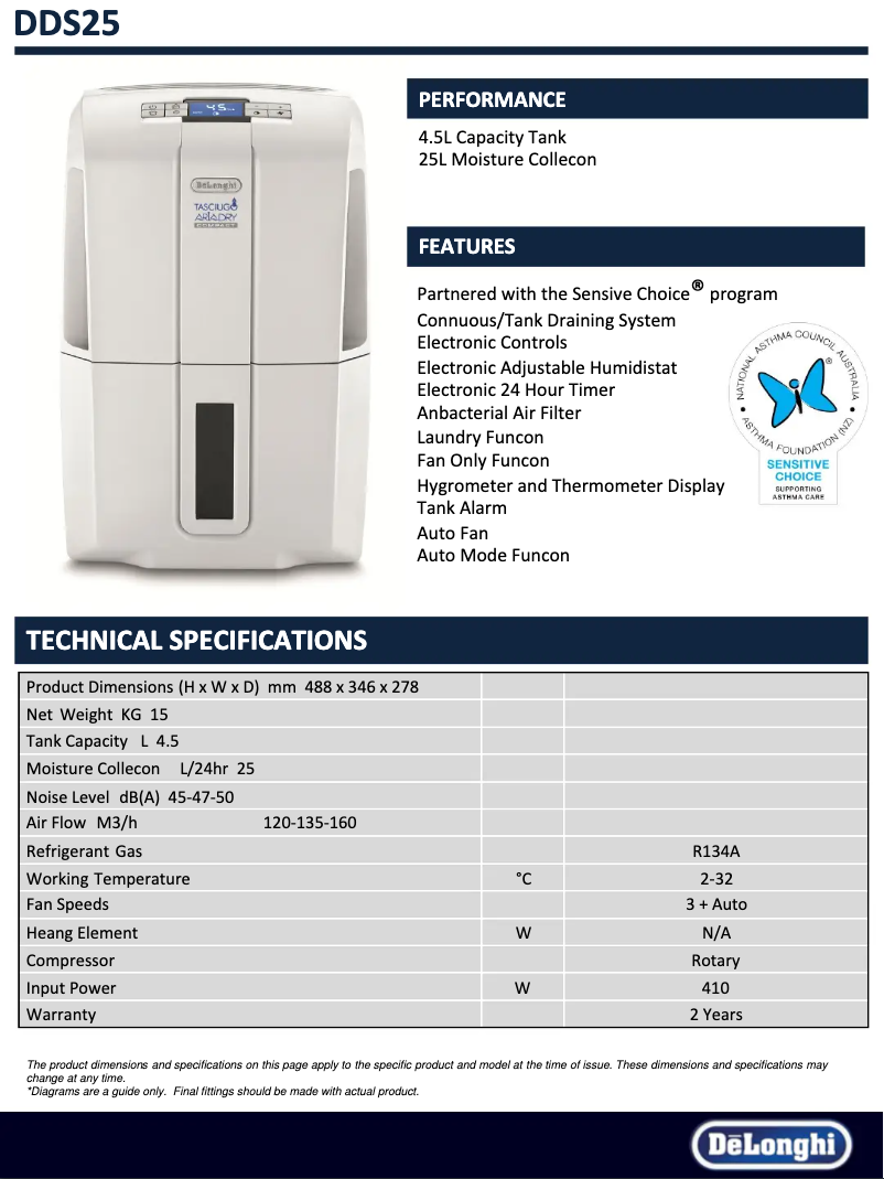 Page 1 de la notice Fiche technique DeLonghi Tasciugo AriaDry Compact DDS 25