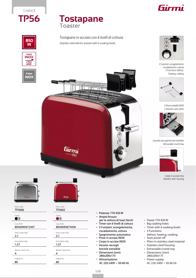Página 1 del manual Ficha técnica Girmi TP56