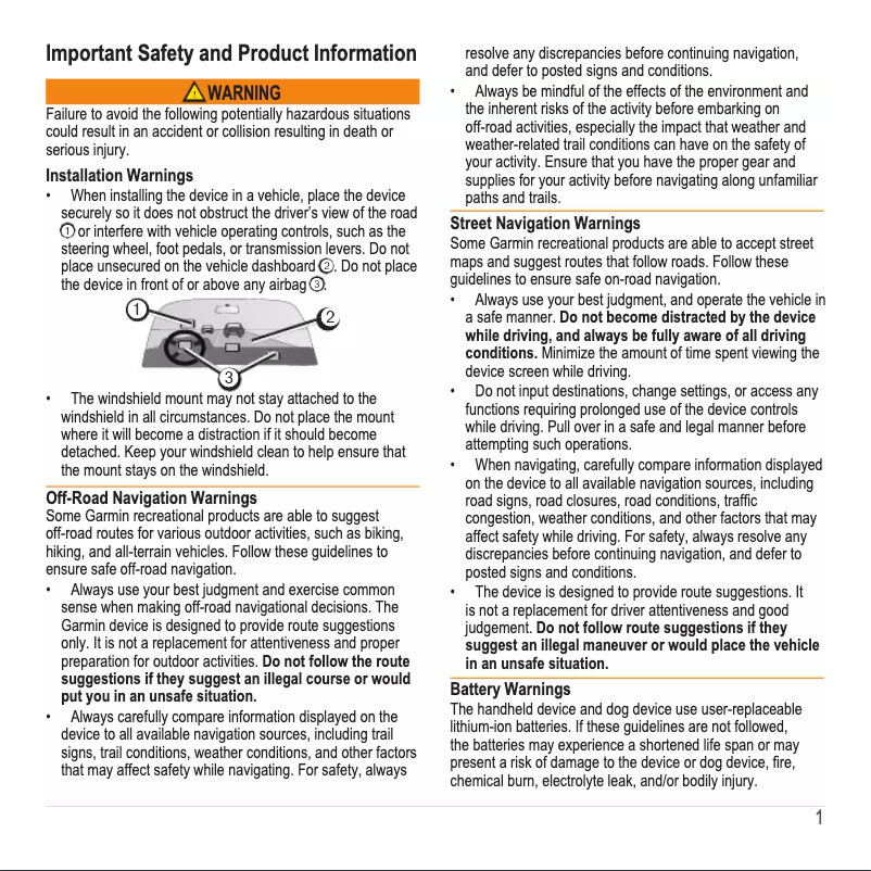 Page 1 de la notice Instructions de sécurité Garmin TT 10