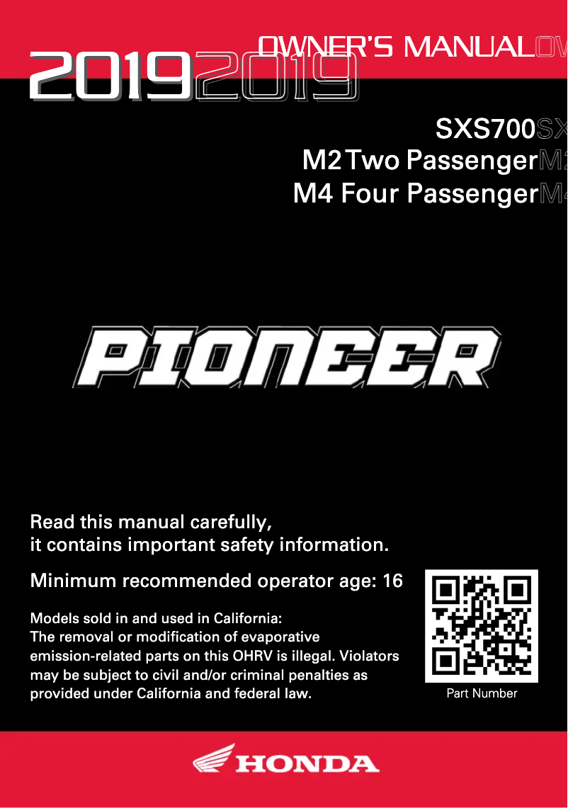 Page 1 de la notice Manuel utilisateur Honda Pioneer 700 (2019)