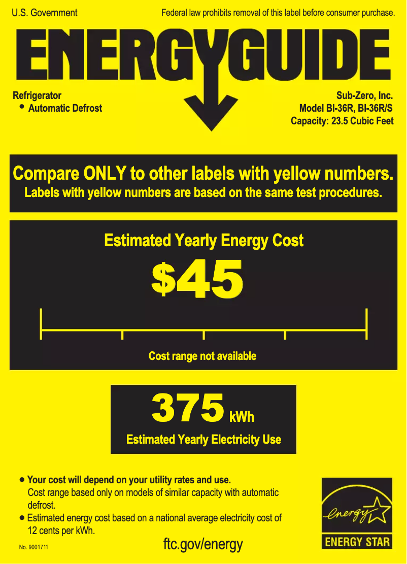 Page 1 de la notice Label énergétique Sub-Zero BI-36R/S/TH-LH