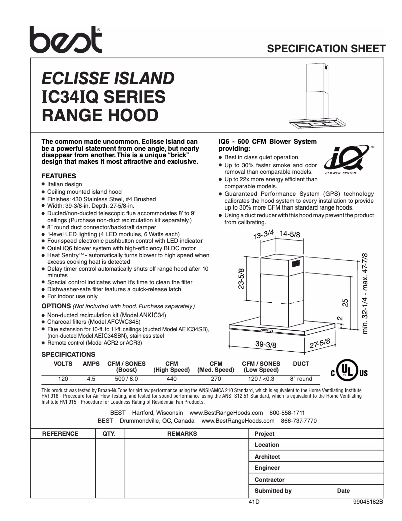 Page 1 de la notice Fiche technique Best Eclisse IC34IQ100SB