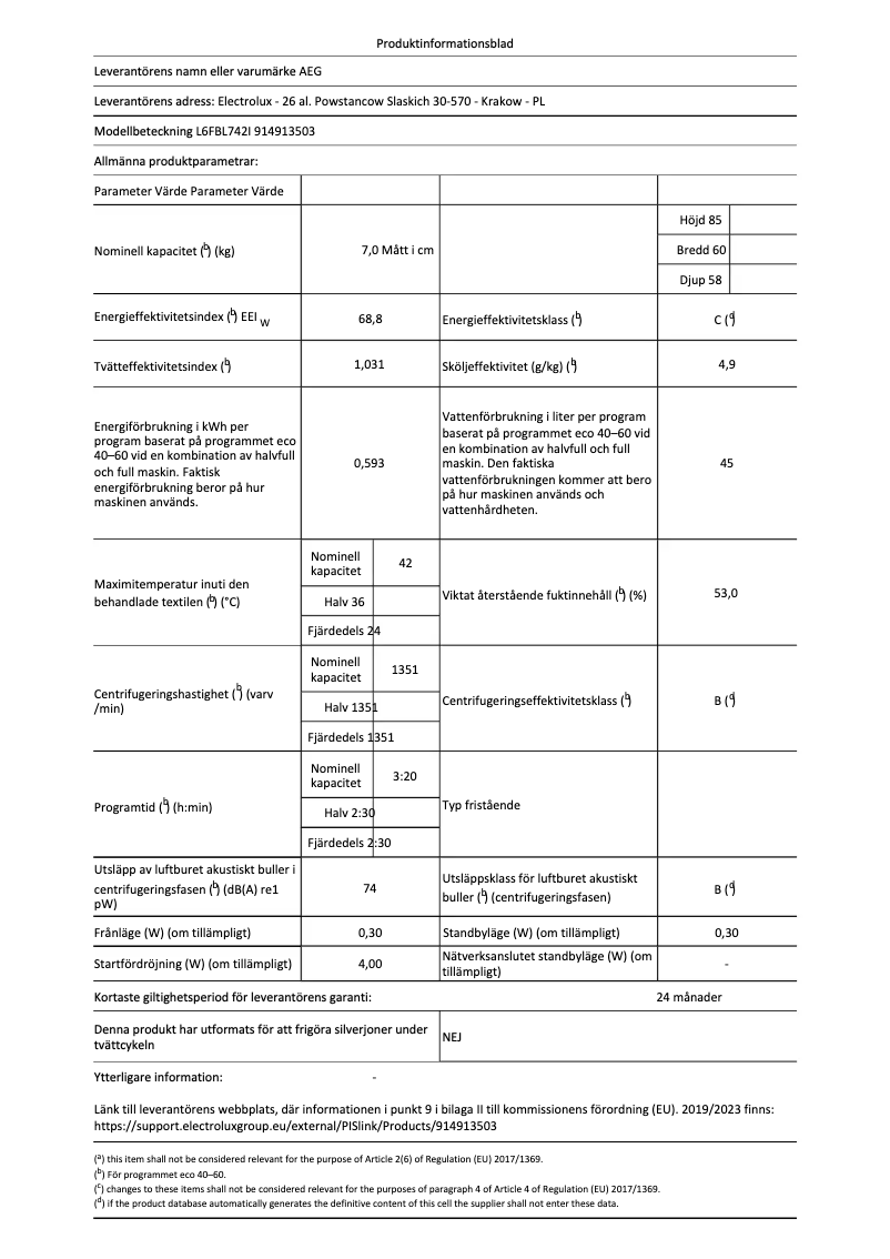 Page 1 de la notice Fiche technique AEG L6FBL742I