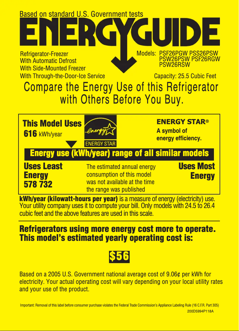 Page n°1 - Label énergétique GE Profile PSW26RSWSS