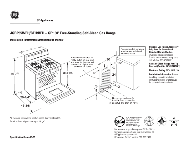Page 1 de la notice Fiche technique GE JGBP85WEHWW