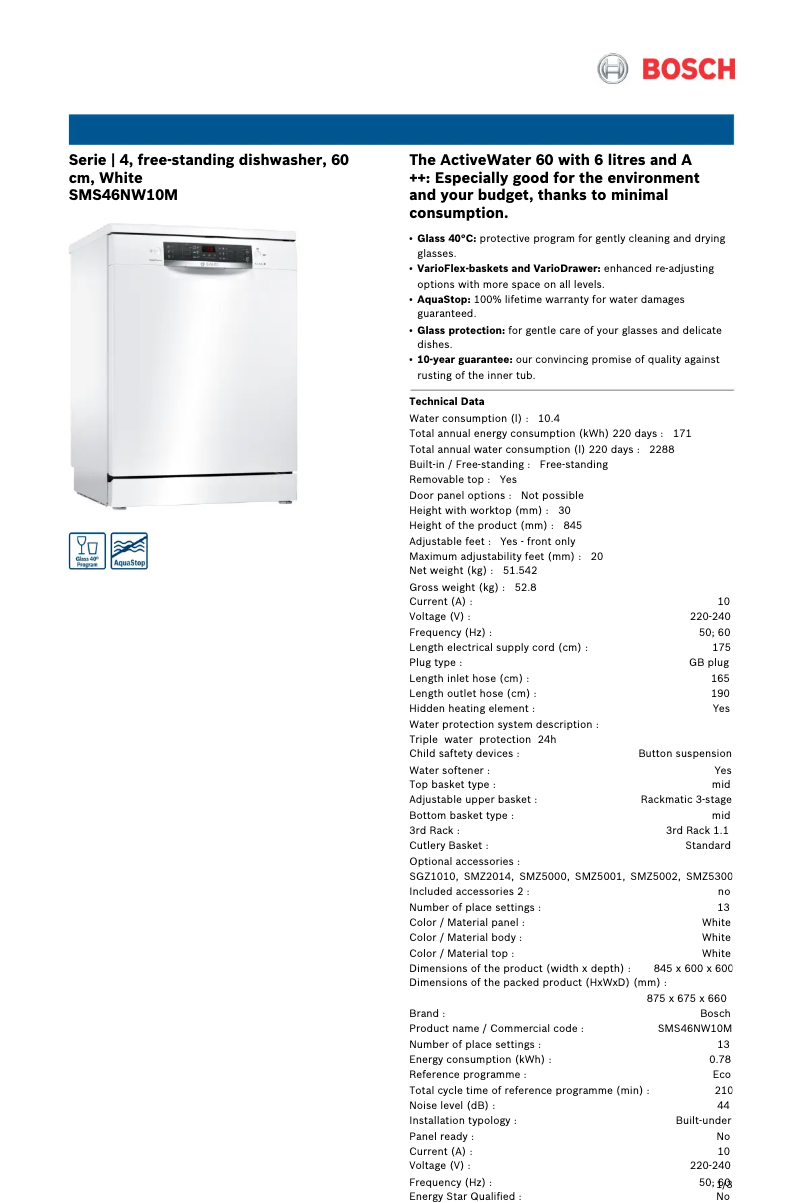 Page 1 of the manual Technical Sheet Bosch SMS46NW10M