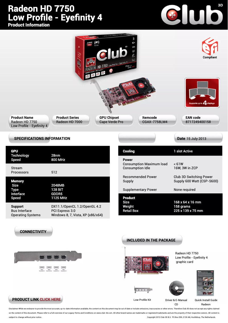 Page 1 de la notice Manuel utilisateur CLUB3D AMD HD7750 Eyefinity 4 Low Profile