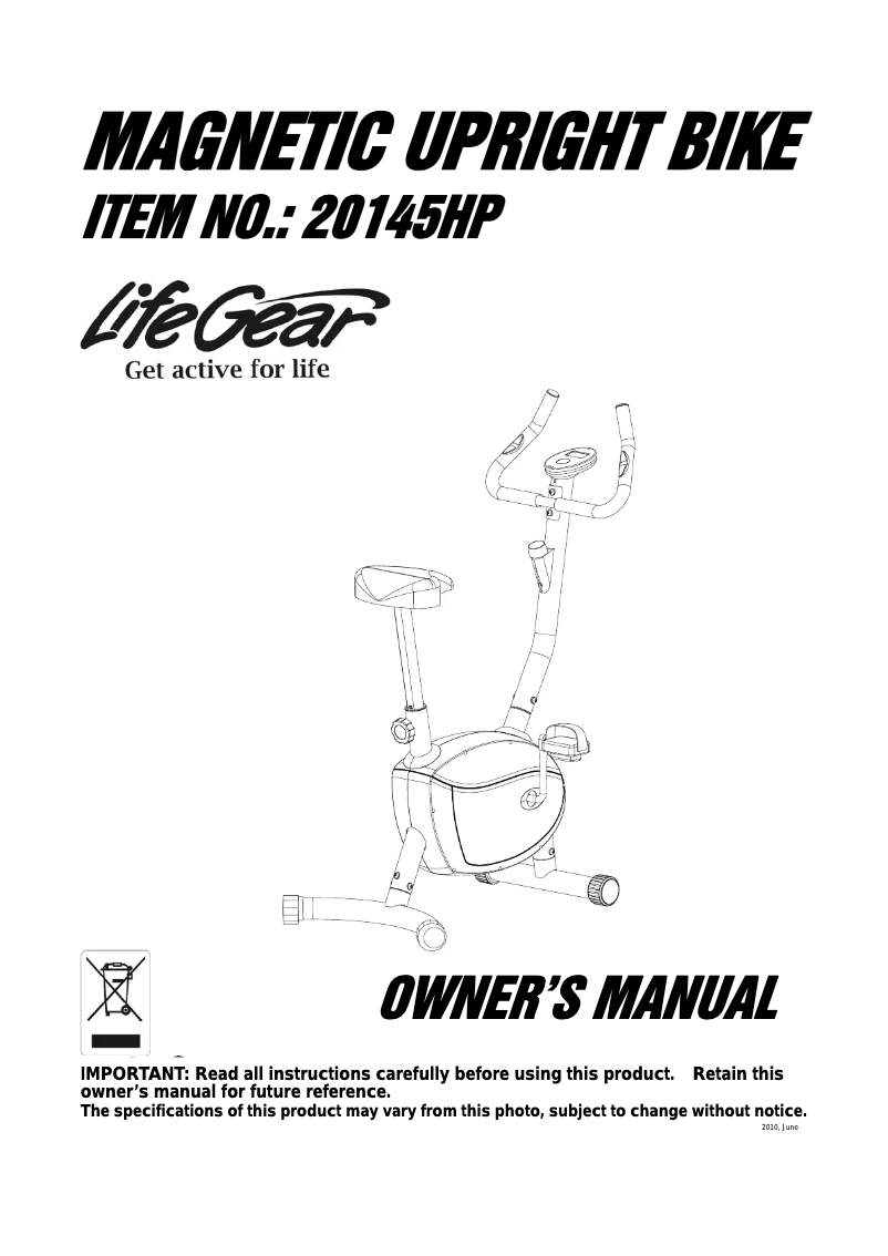 Página 1 del manual Manual de usuario Life Gear Magnetic Upright Bike 20145HP