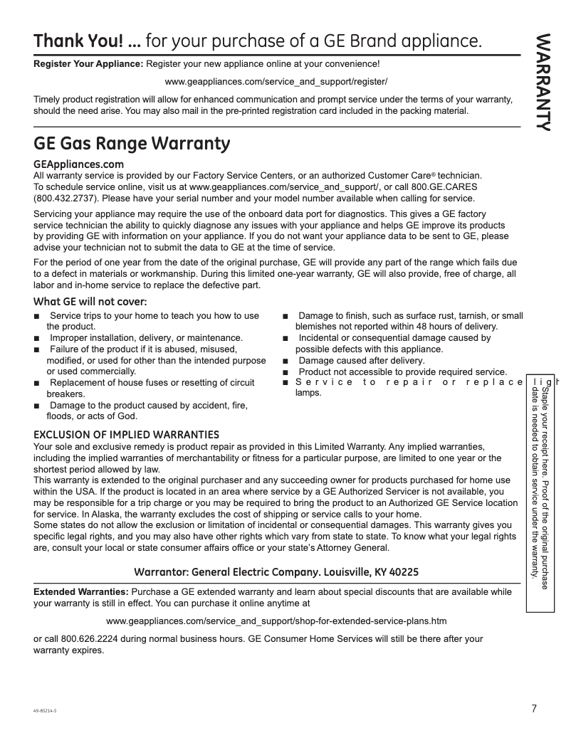 Page 1 de la notice Informations de garantie GE JGBS66REKSS