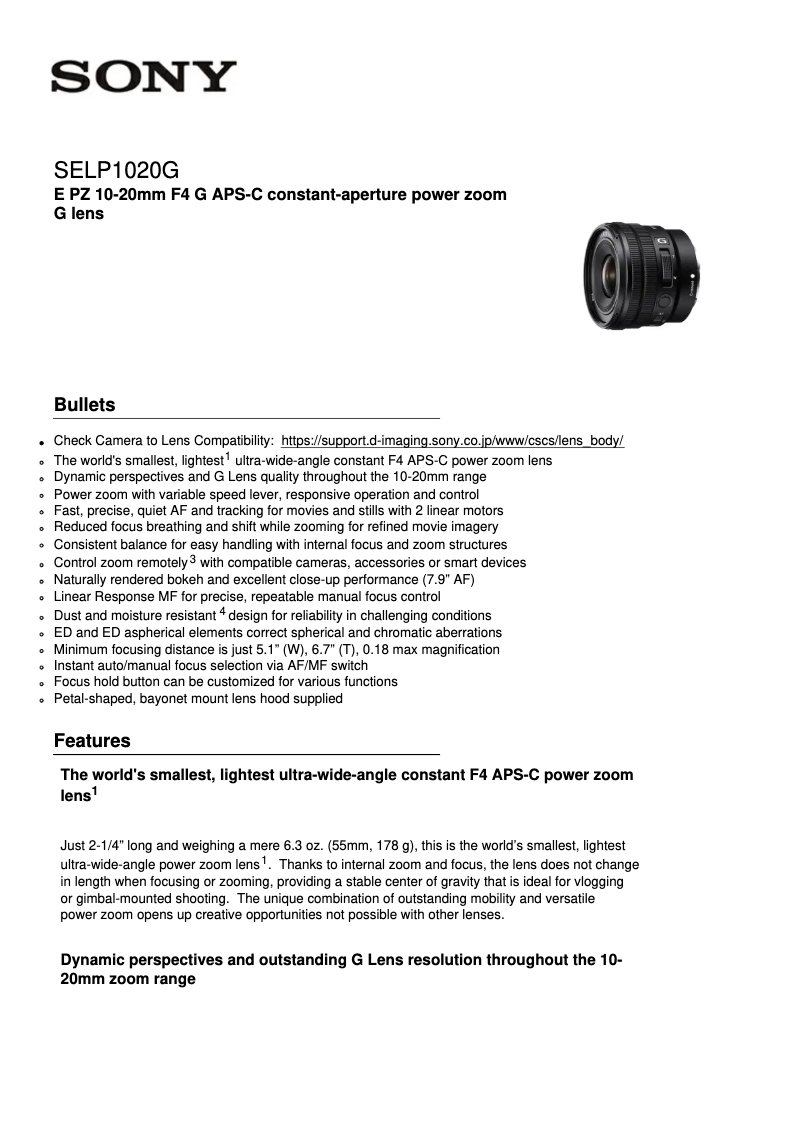 Page 1 de la notice Fiche technique Sony E PZ 10-20mm SELP1020G