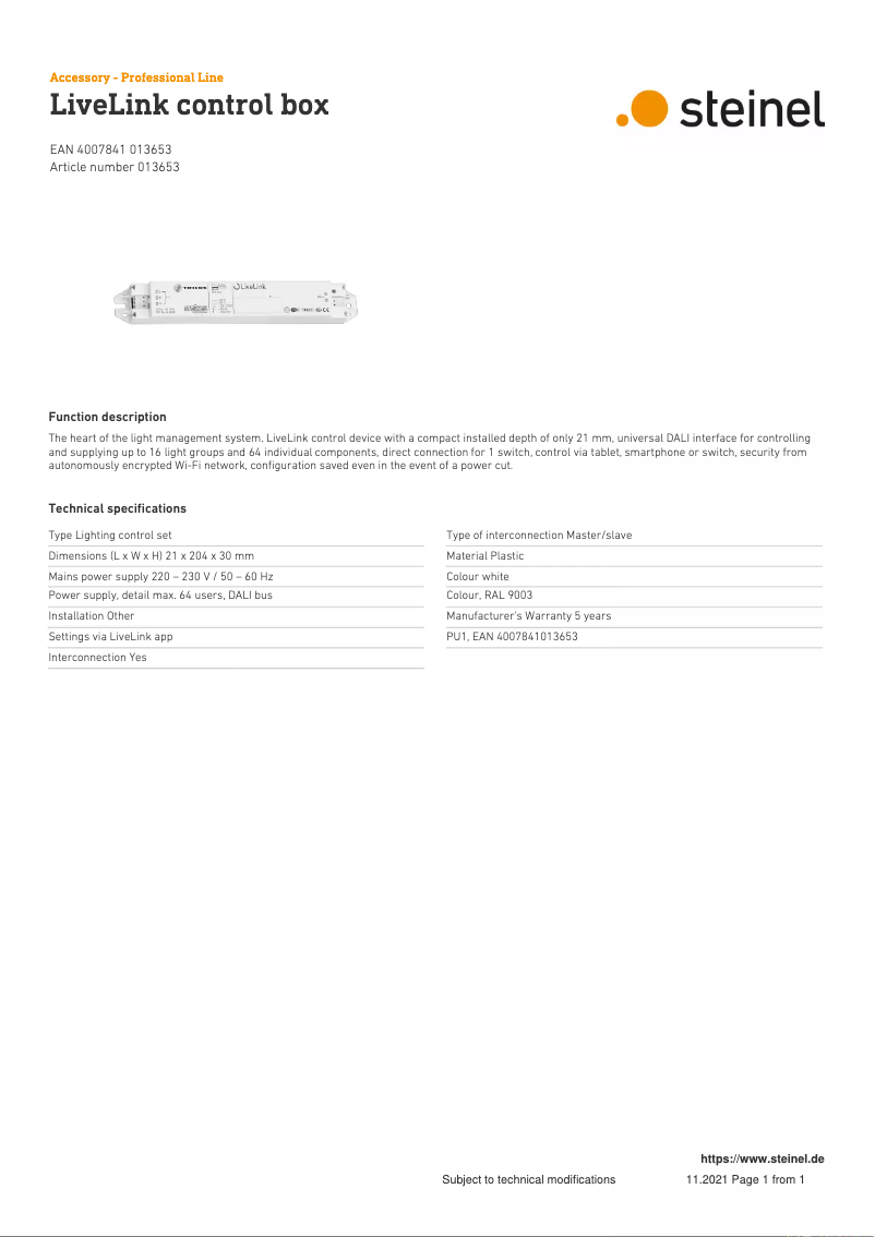 Page 1 de la notice Fiche technique Steinel LiveLink