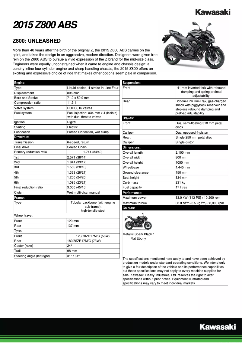 Page 1 de la notice Manuel utilisateur Kawasaki Z800 (2012)