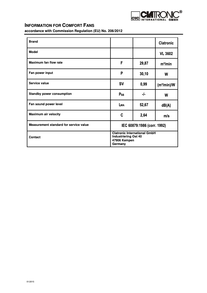 Page 1 de la notice Fiche technique Clatronic VL 3602