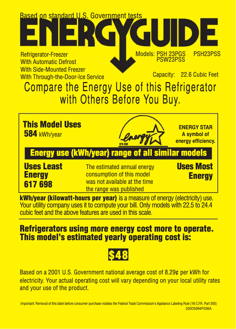 Page 1 of the manual Energy Label GE Profile PSH23PSSSV