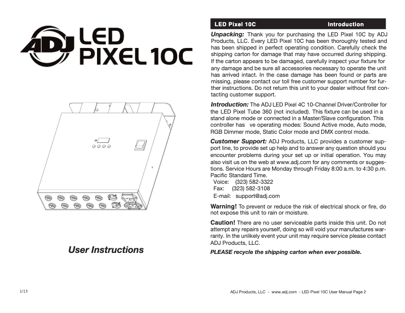 Page 1 de la notice Manuel utilisateur Adj LED Pixel Tube 360
