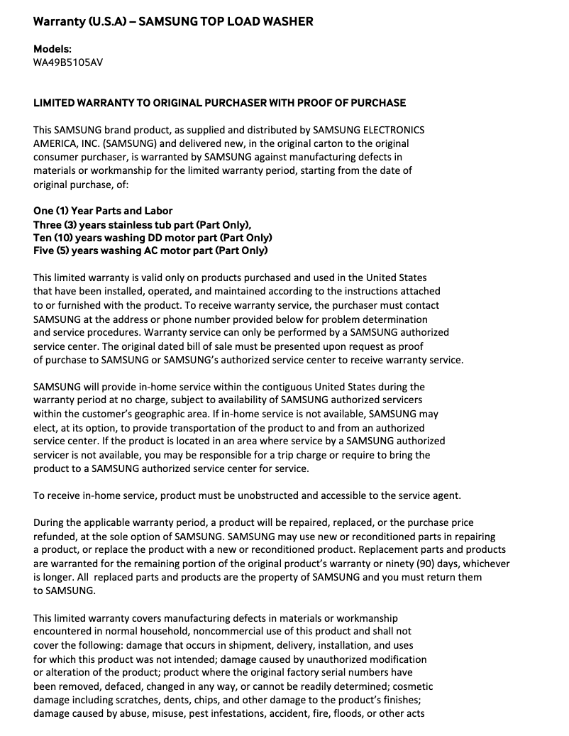 Página 1 del manual Información de garantía Samsung WA49B5105AV