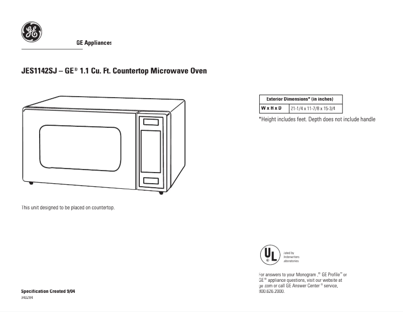Page 1 de la notice Fiche technique GE JES1142SJ