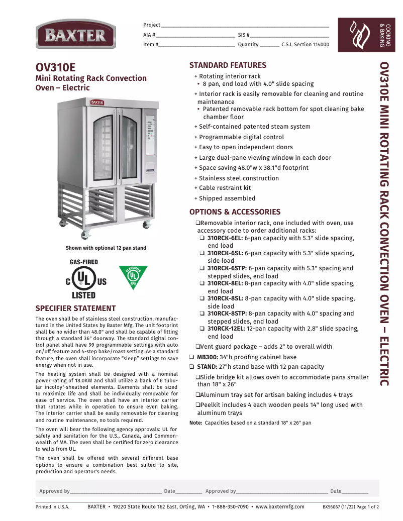 Page 1 de la notice Fiche technique BAXTER OV310E
