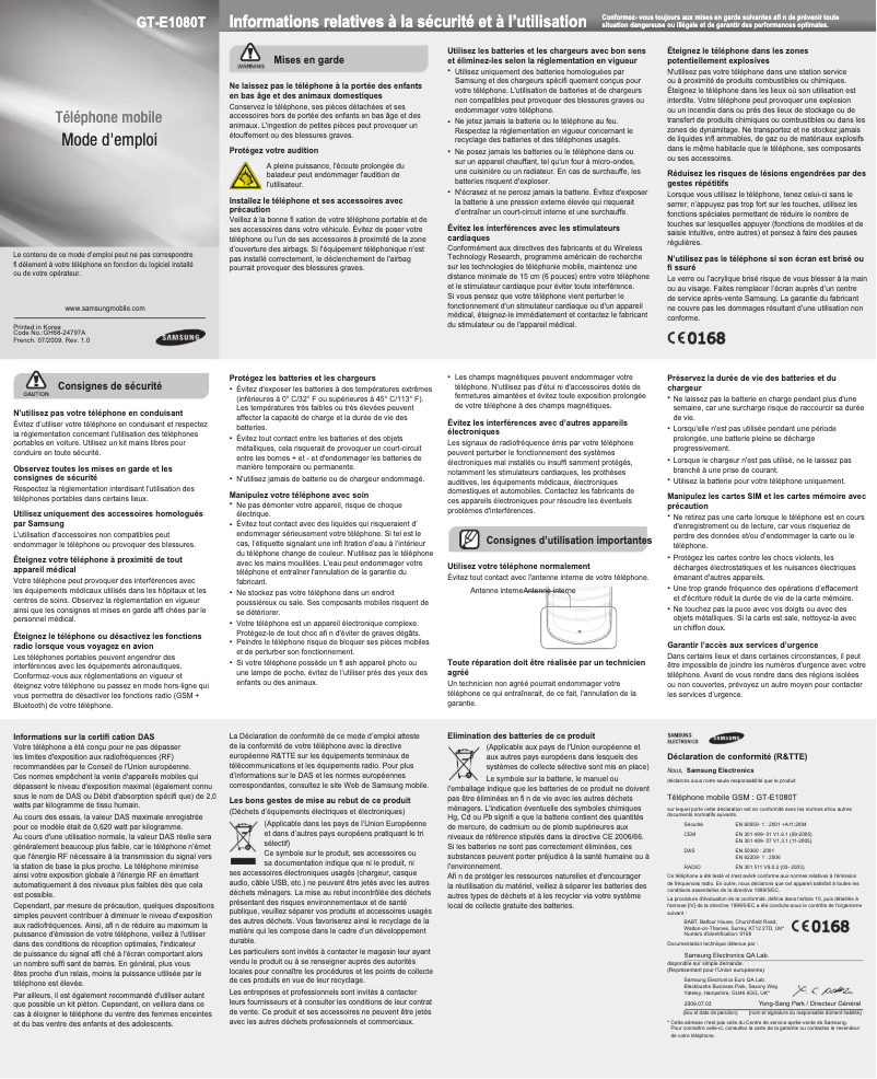 Page 1 de la notice Manuel utilisateur Samsung GT-E1080I