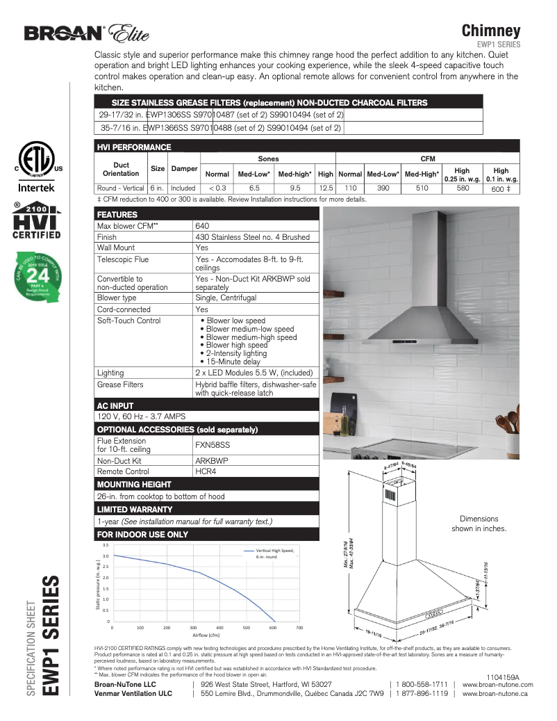 Página 1 del manual Ficha técnica Broan EWP1306SS