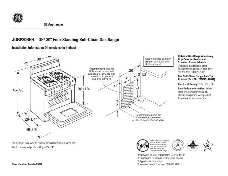 Page 1 of the manual Technical Sheet GE JGBP30BEHCT