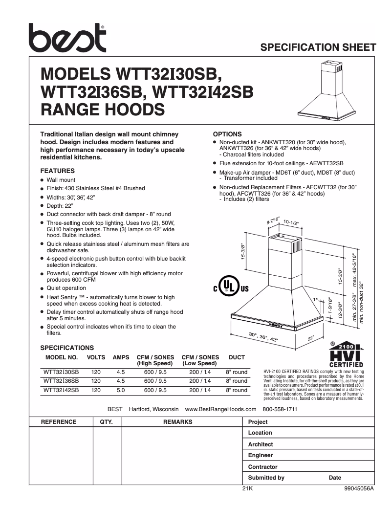 Page 1 de la notice Fiche technique Best WTT32I42SB