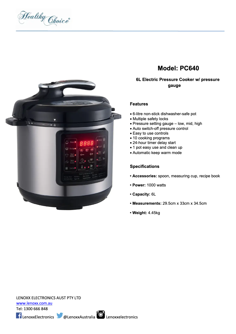 Page 1 de la notice Fiche technique Healthy Choice PC640