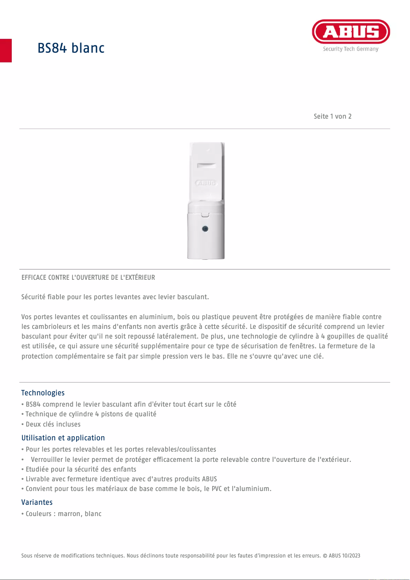 Page 1 de la notice Fiche technique Abus BS84
