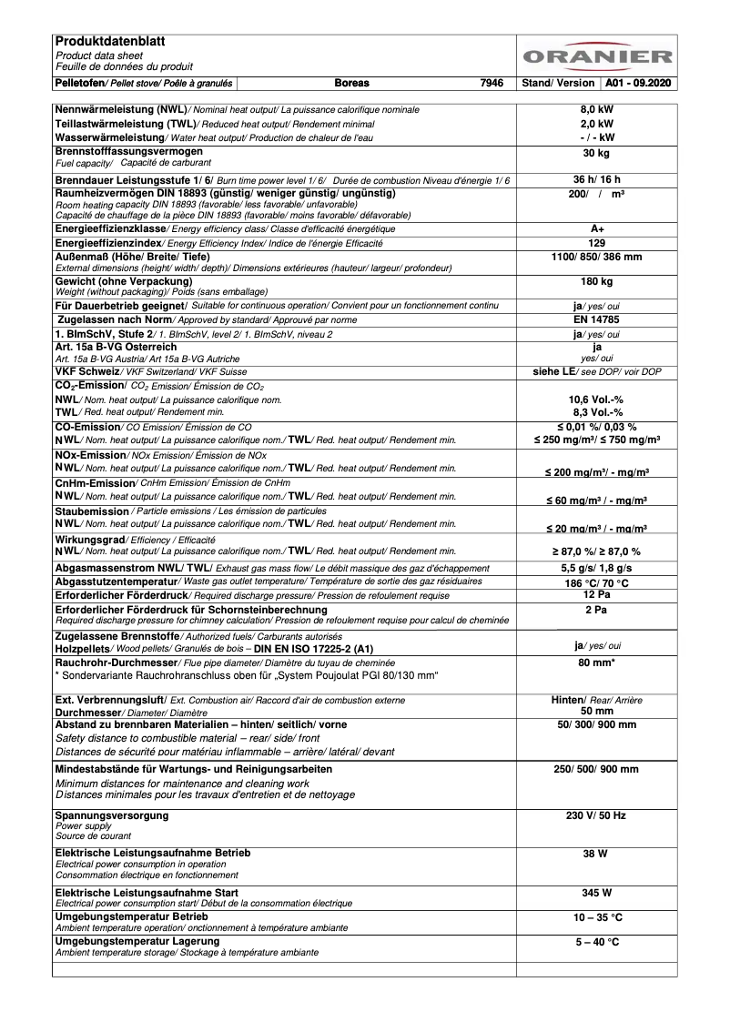Page 1 de la notice Fiche technique Oranier Boreas