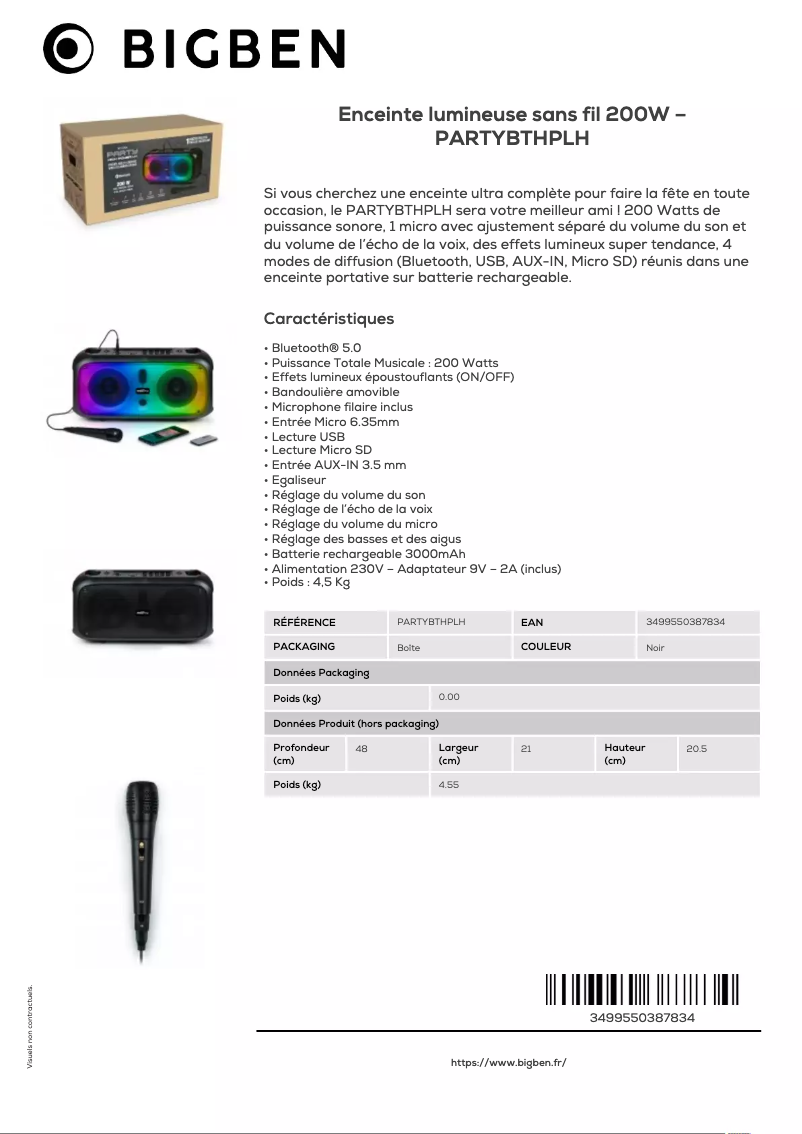 Page 1 de la notice Fiche technique Bigben PARTYBTHPLH