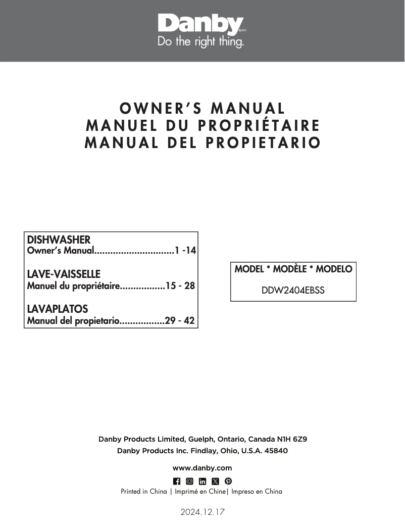 Page 1 de la notice Mode d'emploi Danby DDW2404EBSS