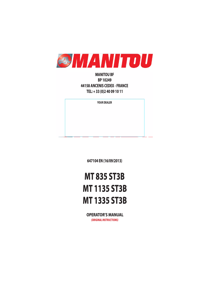 Page 1 de la notice Manuel utilisateur Manitou MT 1135 ST3B