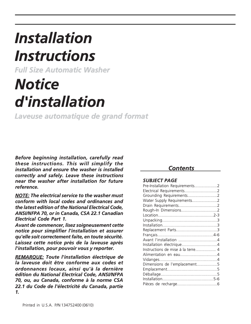Page 1 de la notice Guide d'installation Frigidaire FWS933FS