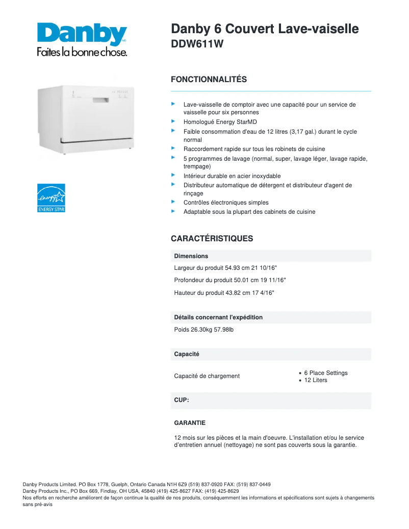 Page 1 de la notice Fiche technique Danby DDW611W