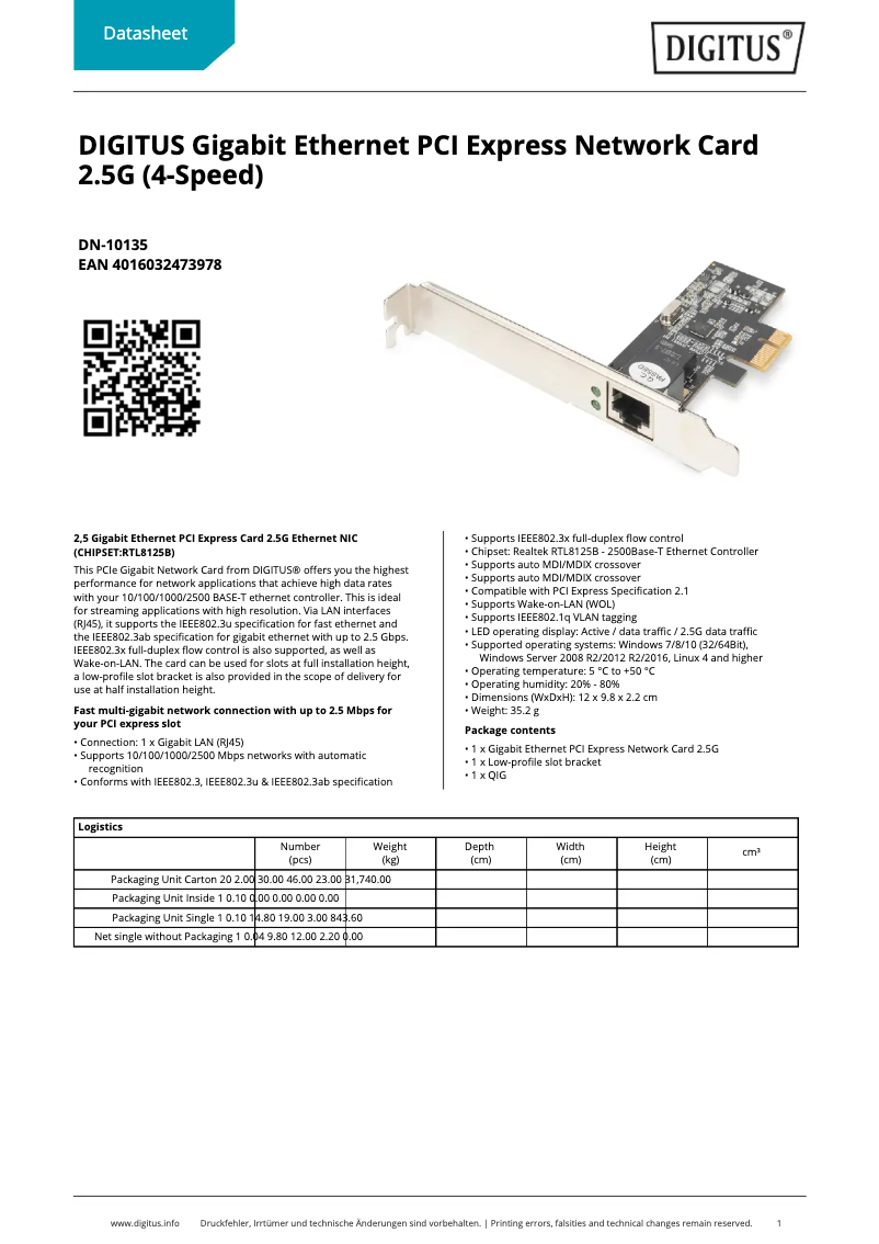Page 1 de la notice Fiche technique Digitus DN-10135