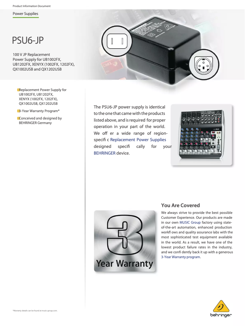 Page 1 de la notice Manuel utilisateur Behringer PSU6-JP