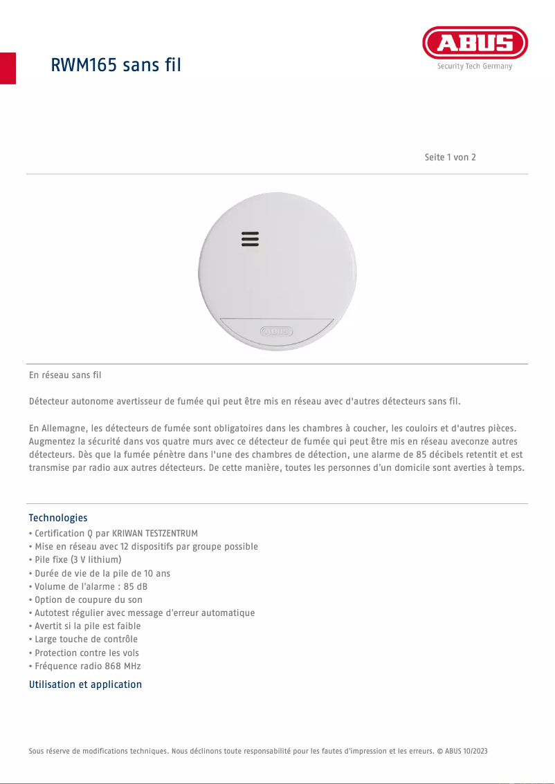 Page 1 of the manual Technical Sheet Abus RWM165
