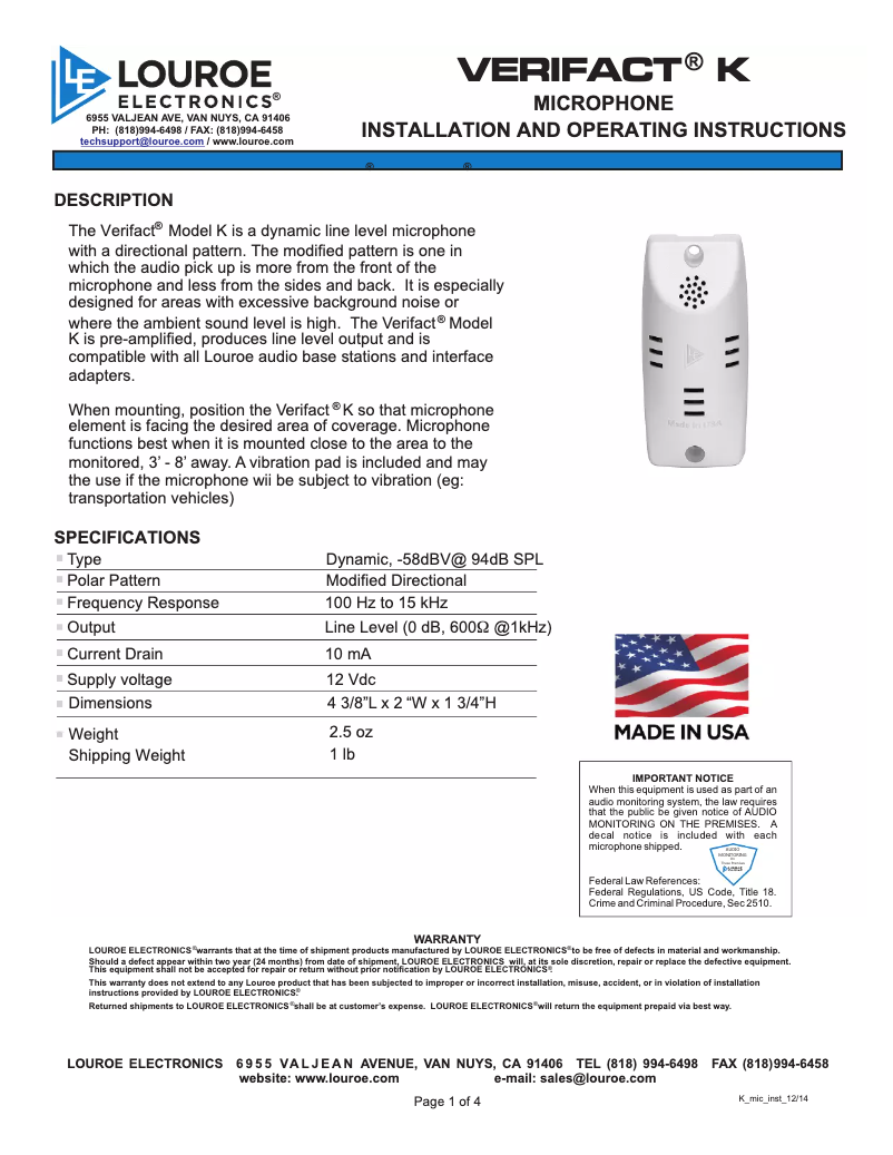 Page 1 of the manual User Manual Louroe Electronics Verifact K