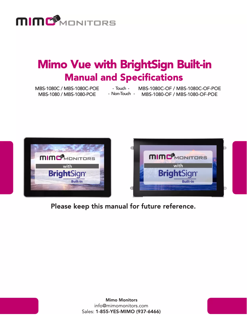 Page 1 de la notice Manuel utilisateur Mimo Monitors BrightSign MBS-1080C-OF-POE