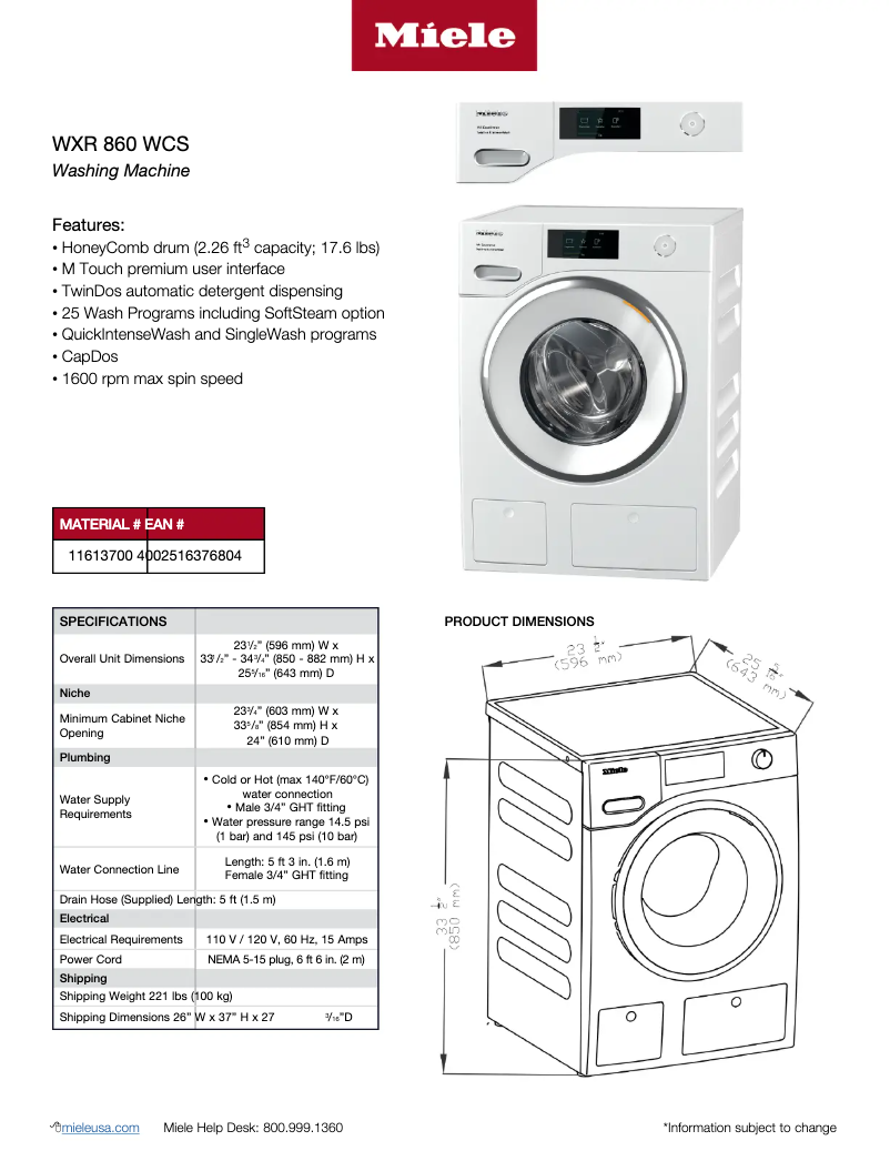 Page 1 of the manual Technical Sheet Miele WXR 860 WCS W1