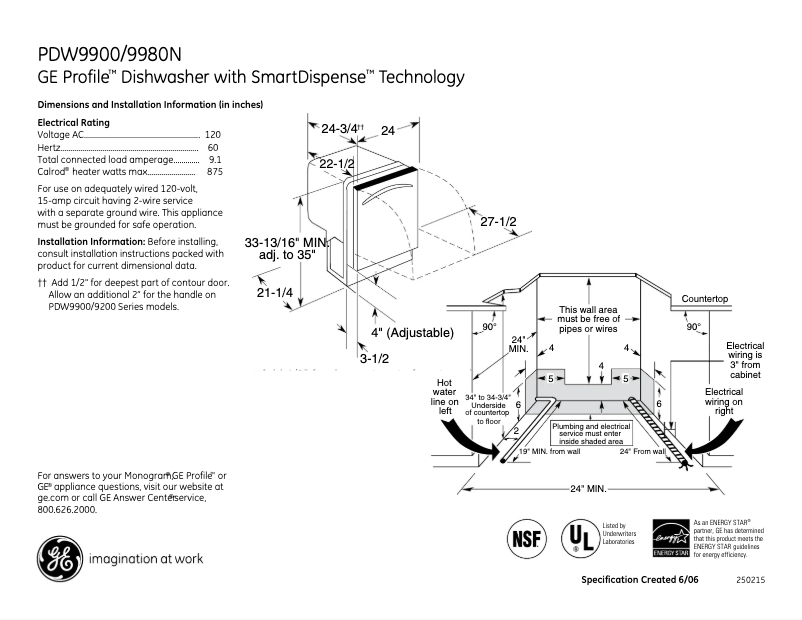 Page n°1 - Fiche technique GE Profile PDW9900NWW