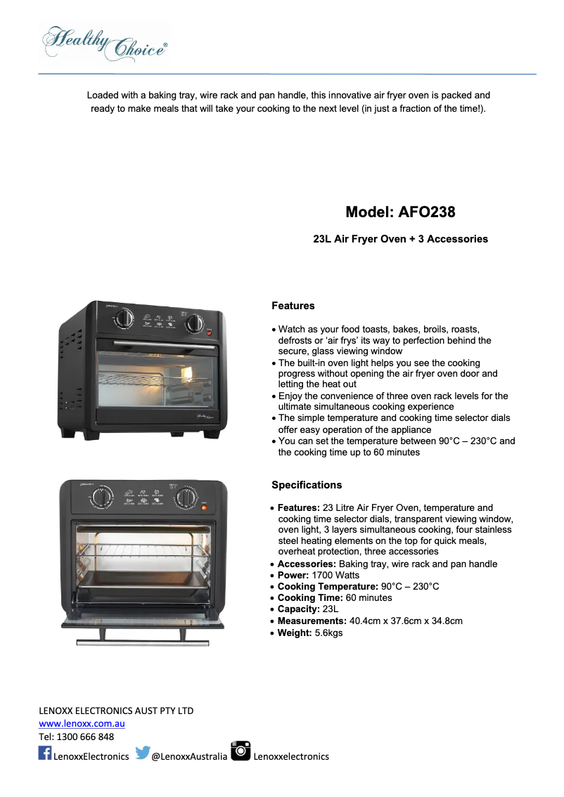Page 1 de la notice Fiche technique Healthy Choice AFO238