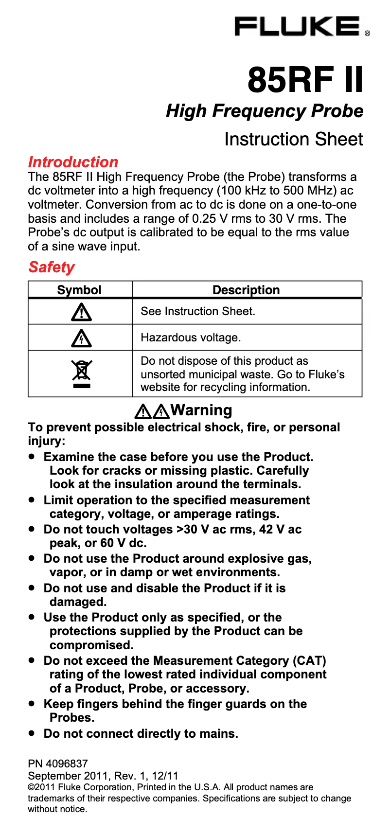 Página 1 del manual Manual de usuario Fluke 85RF