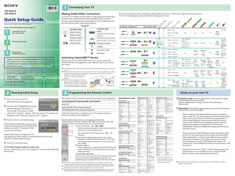 Page 1 de la notice Guide d'installation Sony KDF-E50A10