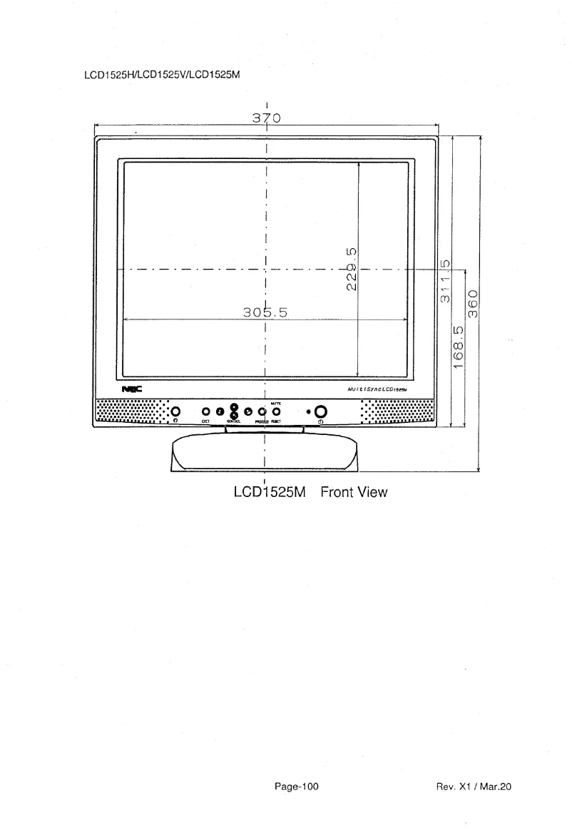 Page 1 de la notice Dessin technique NEC MultiSync LCD1525M