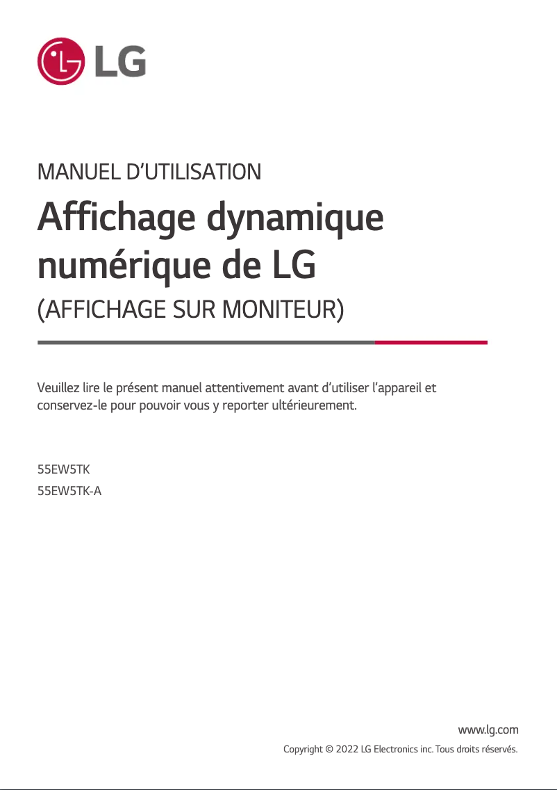 Page 1 de la notice Manuel utilisateur LG 55EW5TK