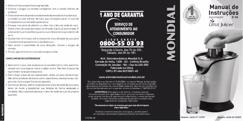 Page 1 de la notice Manuel utilisateur Mondial E-06